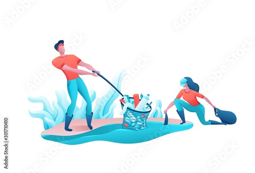 Beach coast cleanup concept, cleaning people with bag, volunteer picking garbage from water, team reduce plastic pollution of environment, recycle trash, flat cartoon vector ecology illustration