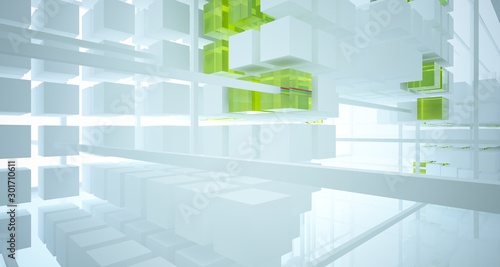 Abstract white and colored gradient glasses interior from an array of cubes with window. 3D illustration and rendering.