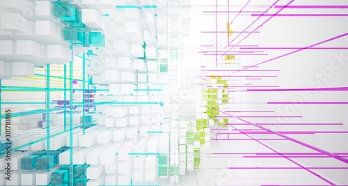 Abstract white and colored gradient glasses interior from an array of cubes with window. 3D illustration and rendering.