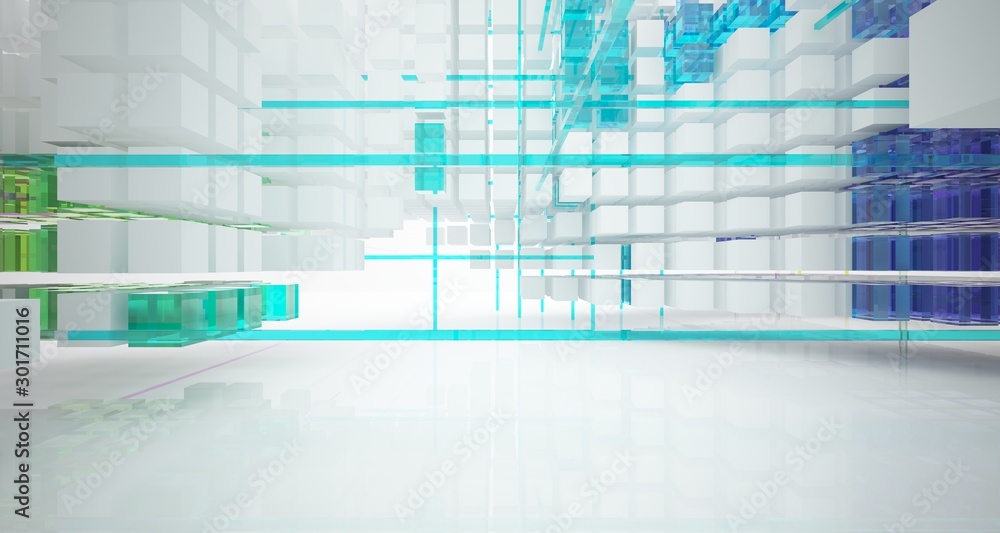 Fototapeta premium Abstract white and colored gradient glasses interior from an array of cubes with window. 3D illustration and rendering.