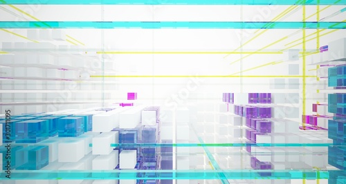 Abstract white and colored gradient glasses interior from an array of cubes with window. 3D illustration and rendering.