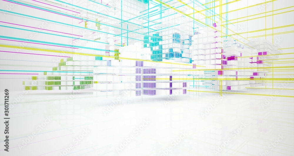 Fototapeta premium Abstract white and colored gradient glasses interior from an array of cubes with window. 3D illustration and rendering.