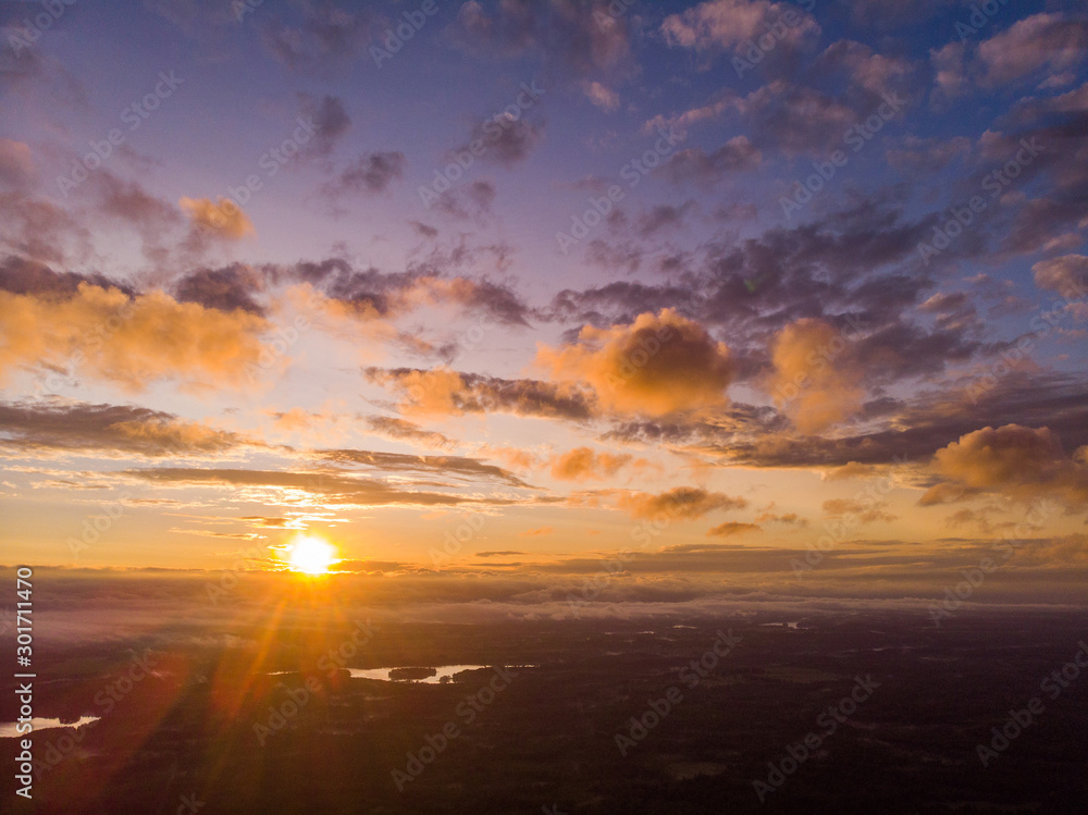 Landscape with a beautiful sky at sunset. Aerial photography