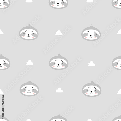 Seamless pattern of cute sloths with clouds