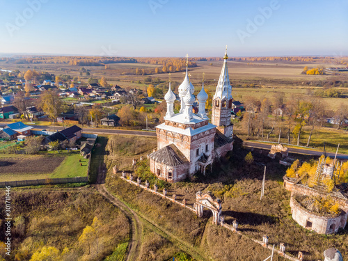 Church of the Holy Virgin in the village of Dunilovo on a sunny autumn day, Ivanovo region, Russia. Shooting from the drone