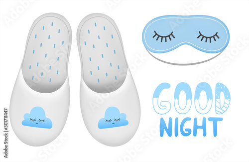 Sleeping set with slippers, sleeping mask and lettering