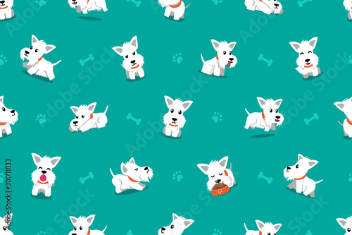Vector cartoon character white scottish terrier dog seamless pattern background for design.