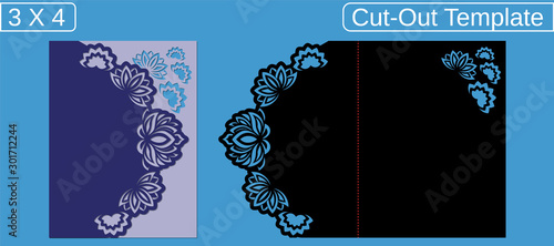 Laser cut wedding invitation card template.  Cut out the paper card with floral pattern.  Greeting card with an aspect ratio of 3 to 4 when closed. Card with a bend to close.