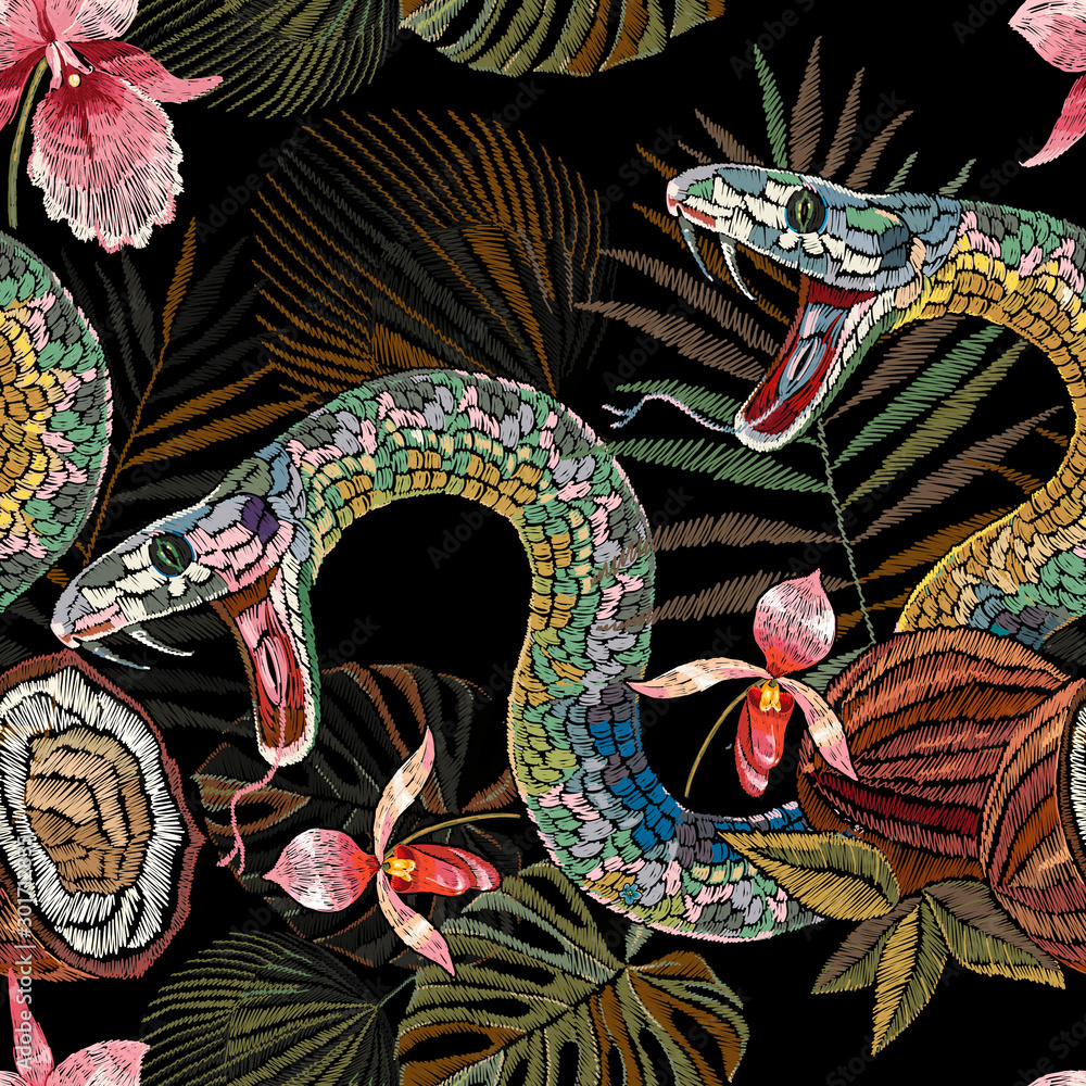 Embroidery snake, coconut and tropical orchid flowers seamless pattern. Fashion template for clothes, textiles, t-shirt design. Summer jungle art