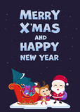 Merry Christmas greeting card with cute Santa Claus, reindeer and Christmas tree. Vector illustration Cute Christmas character.