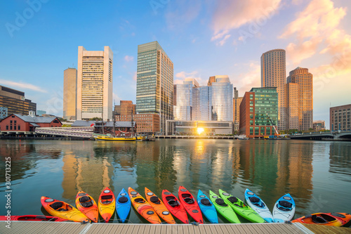 Boston Harbor and Financial District at twilight, Massachusetts photo