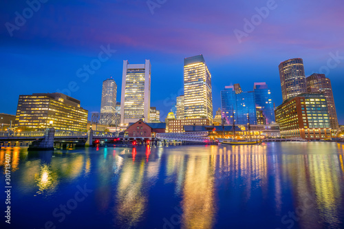 Boston Harbor and Financial District at twilight  Massachusetts