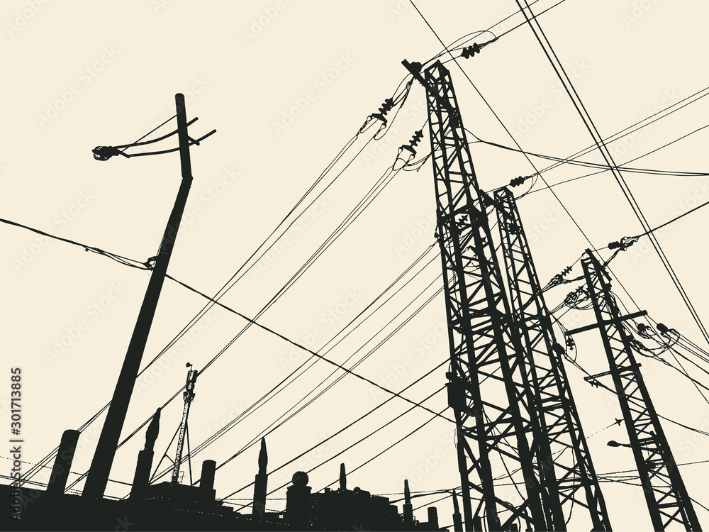 Fototapeta Silhouettes of a lantern, railway poles, cables. Vector Illustration