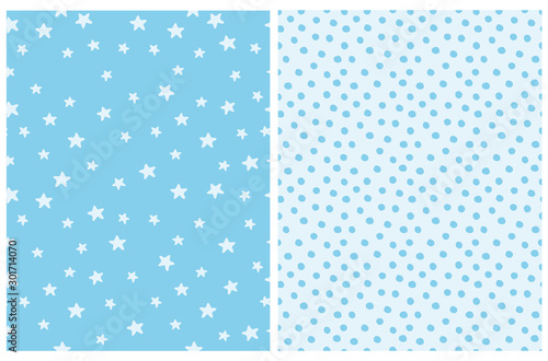 Simple Geometric Seamless Vector Pattern. Light Blue Stars Isolated on a Blue Sky. Blue Tiny Dots Vector Print. Dotted and Starry Repeatable Vector Design Ideal for Fabric, Textile, Wrapping Paper.