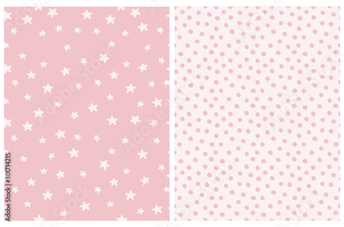 Simple Geometric Seamless Vector Pattern. Light Pink Stars Isolated on a Pink Sky. Pink Tiny Dots Vector Print. Dotted and Starry Repeatable Vector Design Ideal for Fabric, Textile, Wrapping Paper.