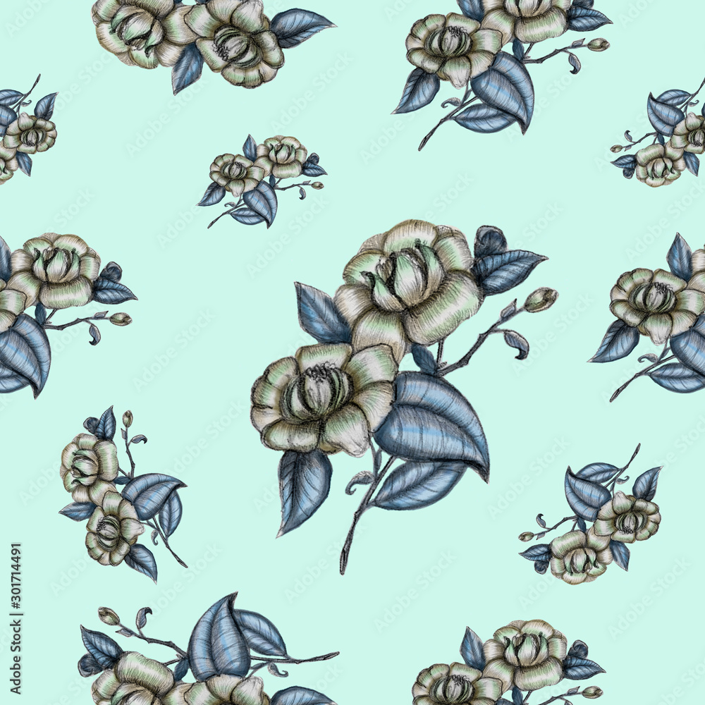 Trendy roses seamless pattern. Pastel colors. Hand-drawn.watercolor, pencil. Floral motif. For print, card invitation, wedding, Women's Day, gift paper, wrapping design and decor. Spring. Flowers