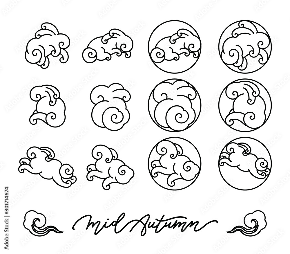 Chinese cloud line vector illustration. Rabbit clouds for Mid autumn festival. -Vector