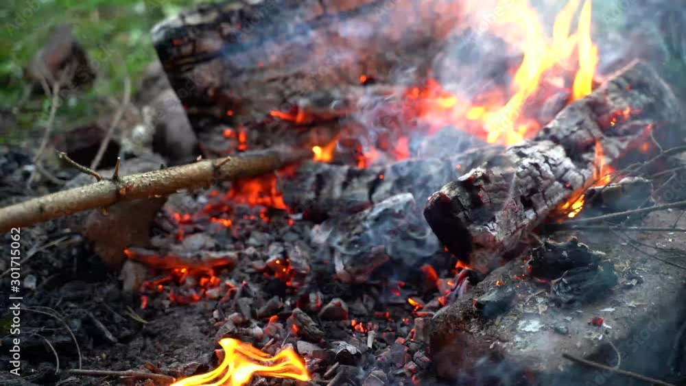 A man stirs the fire with a wooden stick. Nature, tourism, outdoors A man stirs the fire with a wooden stick. Nature, tourism, outdoors