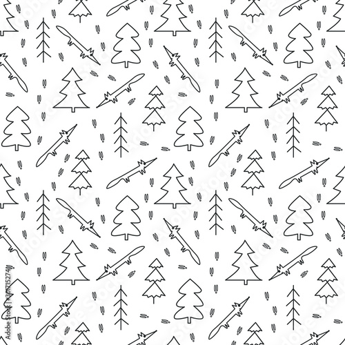 Vector seamless pattern with the contours of different firs and foxes on a white background. Doodles of firs and foxes. Forest seamless pattern.