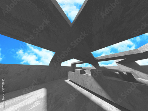 Concrete room wall construction on cloudy sky background © VERSUSstudio