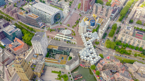 Rotterdam, Netherlands. Panorama of the business part of the city. Cloudy weather. Cubic houses, Aerial View photo