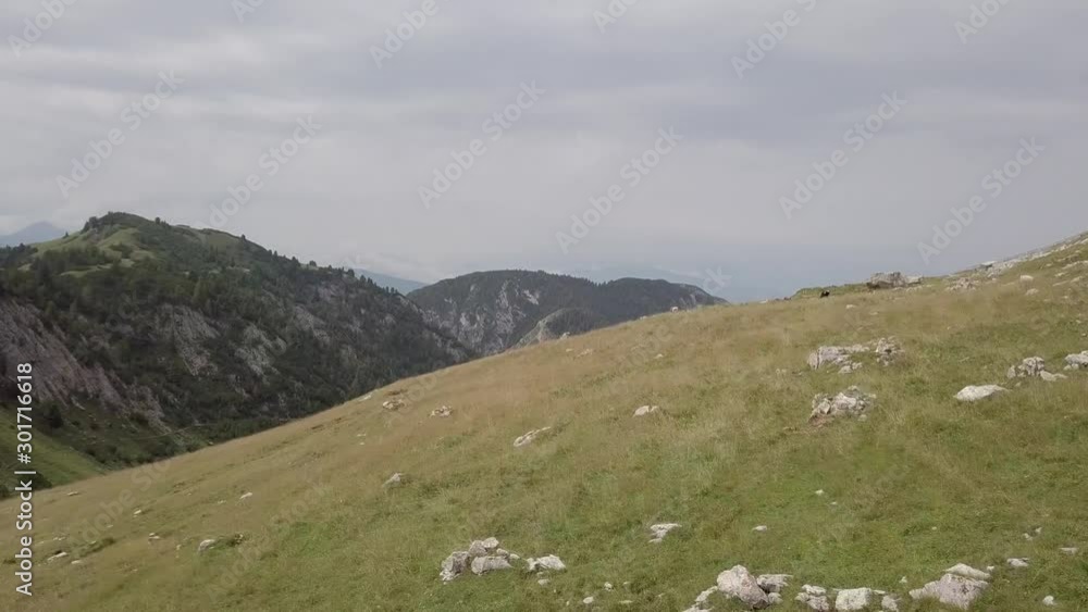 Two cowboys riding in beautiful mountain scenery. Drone flying over, revealing landscape. Two cowboys riding in beautiful mountain scenery. Drone flying over, revealing landscape.