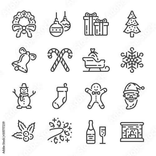 Set of Christmas and New Year outline icons. Line vector illustration.