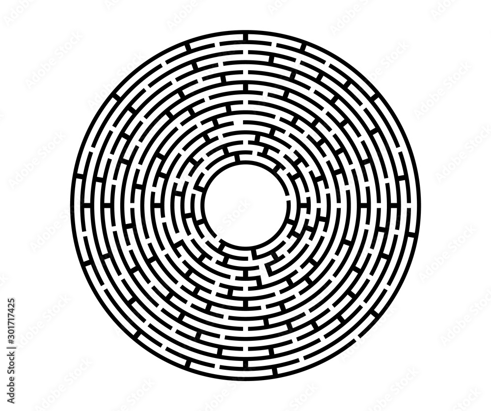 Black vector labyrinth in flat style on an isolated white background. Round maze puzzle. A game for the of logic, intelligence, find the way exit from the circle. Black vector labyrinth in flat style on an isolated white background. Round maze puzzle. A game for the of logic, intelligence, find the way exit from the circle.