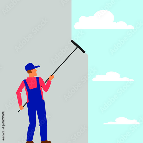 Cleaning service worker washes a window