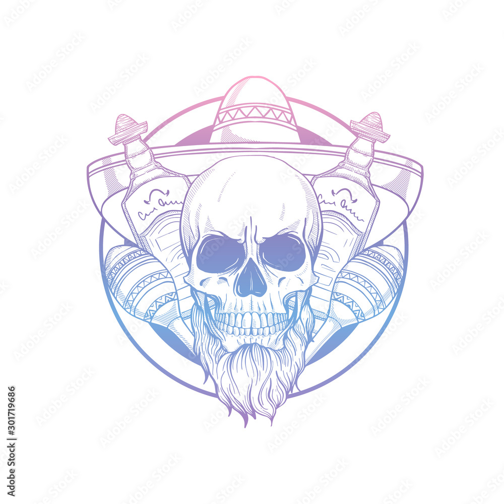 Hand drawn sketch skull with maracas