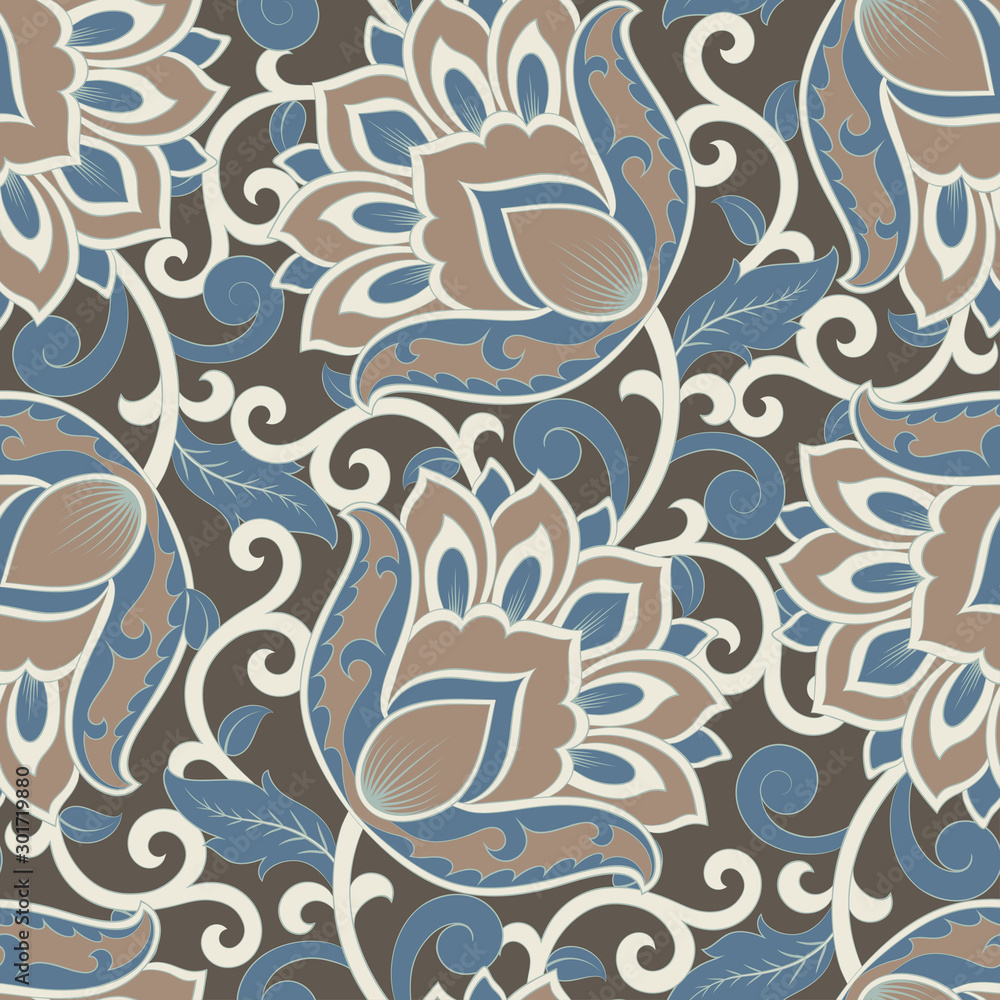 elegance seamless pattern with ethnic flowers and leaf, vector floral illustration in vintage style