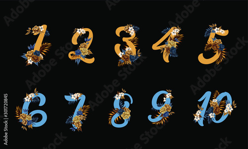 Flower ornate numbers. Elegant blossom number, floral sprigs date and numeric monogram. Leaf filigree ornamental numbers character. Vector illustration isolated symbols set