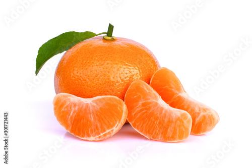 Fresh orange fruit with green leaf isolated on white background.