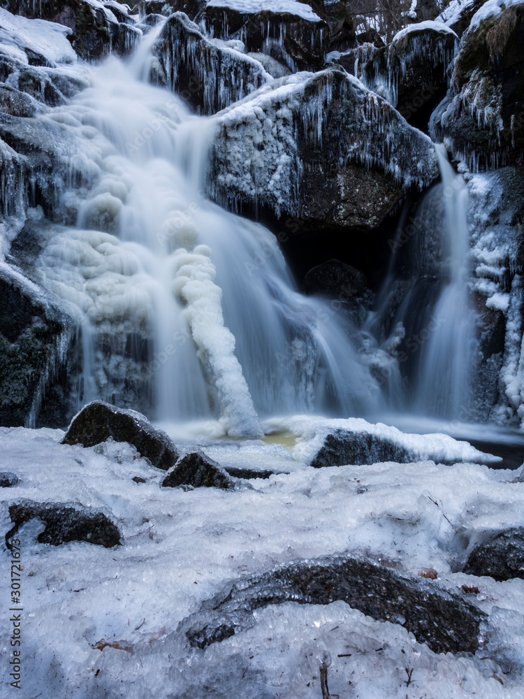 High waterfall in the forest. Water is falling on rock surface. Ice on the long tree trunk. Typical scene in winter period. High waterfall in the forest. Water is falling on rock surface. Ice on the long tree trunk. Typical scene in winter period.