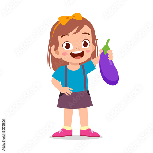 happy cute kid girl holding fresh vegetable