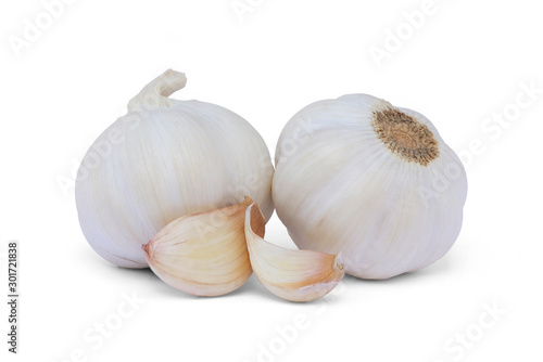 Garlic bulb and cloves isolated on white background with clipping path. 
