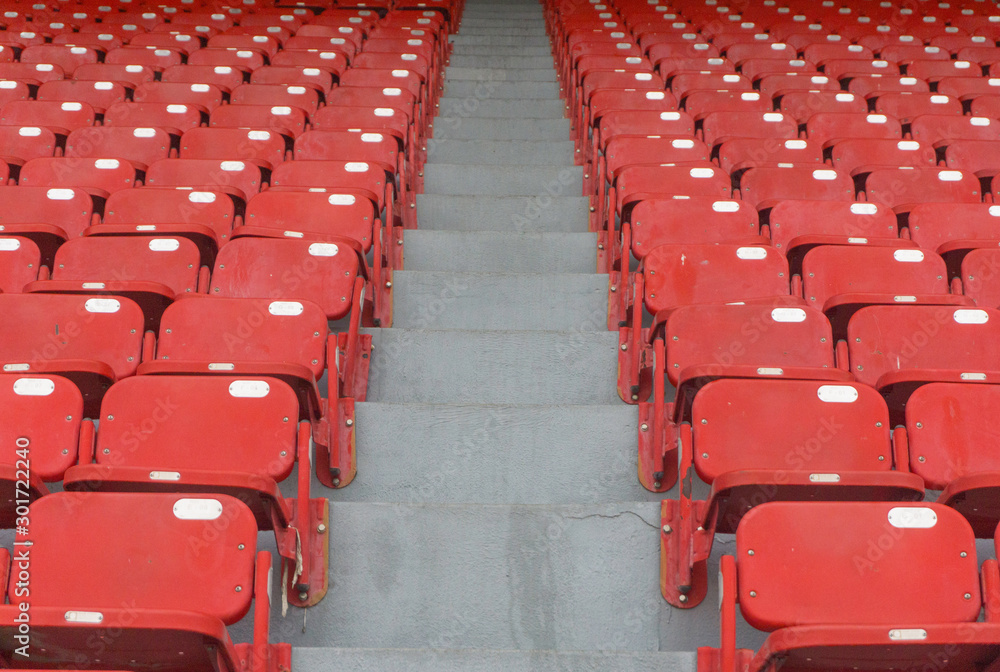 Fototapeta premium Red stadium seats,sport outdoor horizontal row seating.