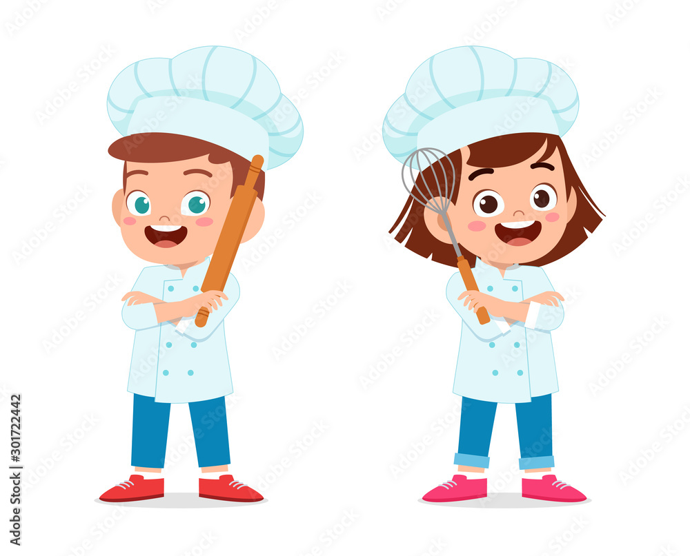 happy cute kid boy and girl in chef costume happy cute kid boy and girl in chef costume