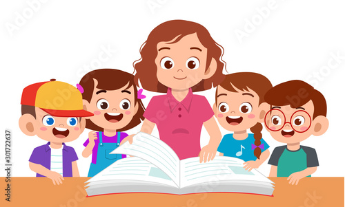 kids boy and girl study with teacher