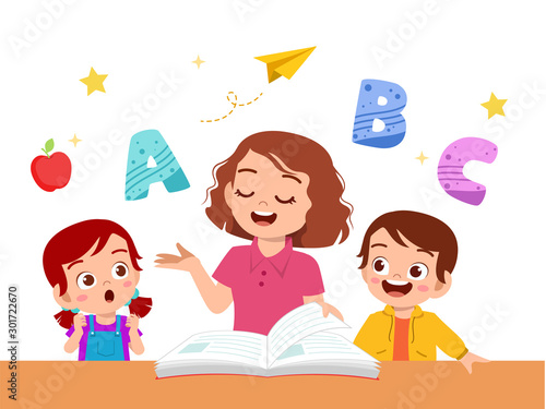 kids boy and girl study with teacher