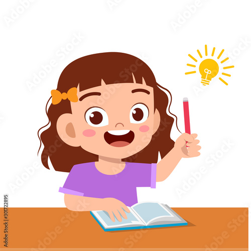 happy cute kid girl study hard think