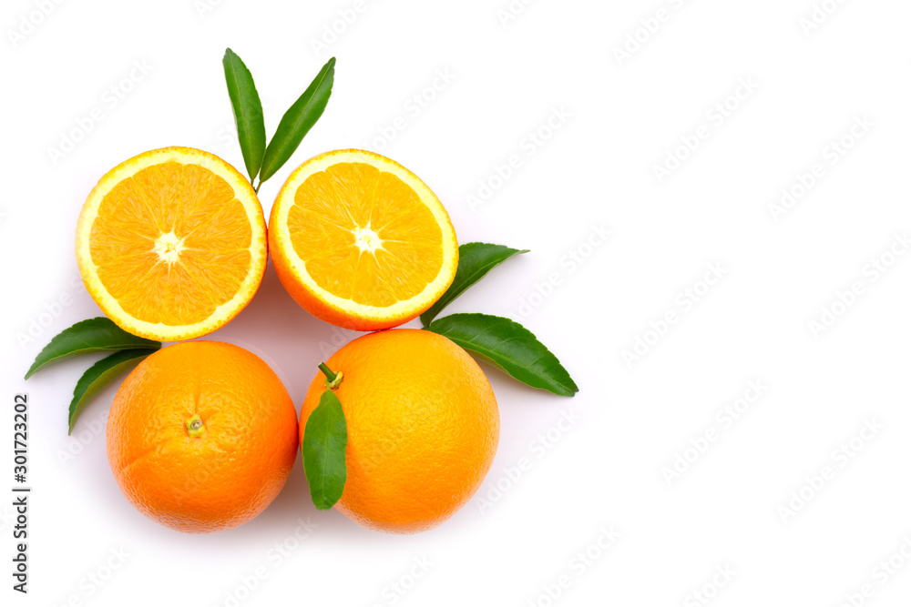 Closeup whole ripe fresh organic orange fruits with green leaf isolated on white background. Top view. Flat lay. Closeup whole ripe fresh organic orange fruits with green leaf isolated on white background. Top view. Flat lay.