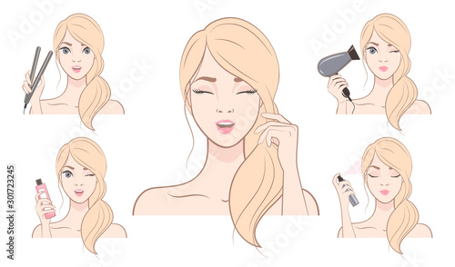 Cute girl is caring her hair and shaping her hair. Set of hair treatment procedure.Vector illustration