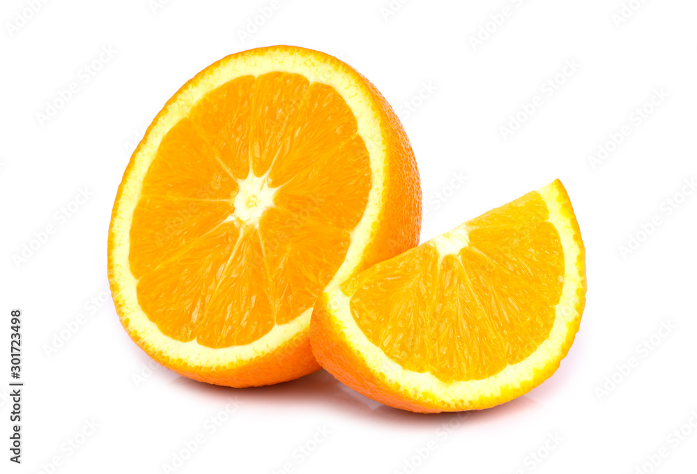 Half and sliced of ripe fresh organic  orange fruit isolated on white background.