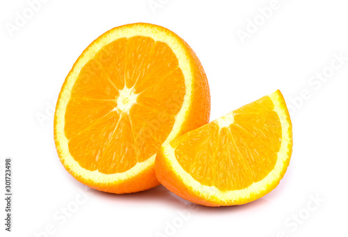 Half and sliced of ripe fresh organic orange fruit isolated on white background.