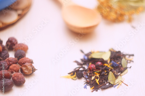Natural remedies for colds are a natural substitute for pills. Tea from medicinal plants. Dried herbs, teapot with tea. 