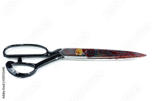 Big metal scissors covered with blood isolated on white background