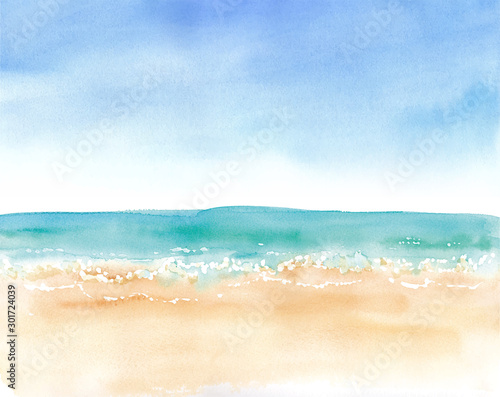 青空と砂浜と水平線、水彩イラストのトレースベクター