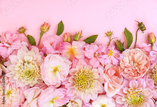 Summer blossoming delicate dahlia and pink blooming flowers festive background, pastel and soft bouquet floral card, toned 