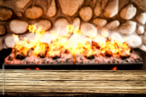 Table background of free space and fireplace 